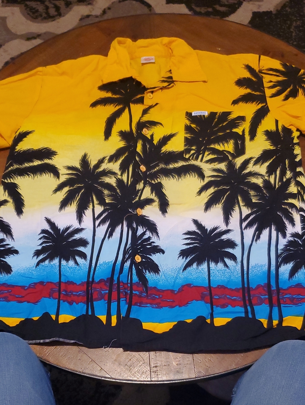 Yellow Palm-Print Short Sleeve Button-Down Shirt